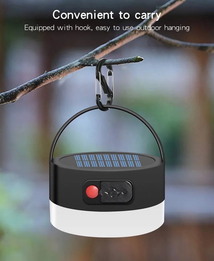 Portable Outdoor Solar Camping Lamp with USB Mobile Charging multifunction waterproof 4 levels dimming solar tent lamp with hook