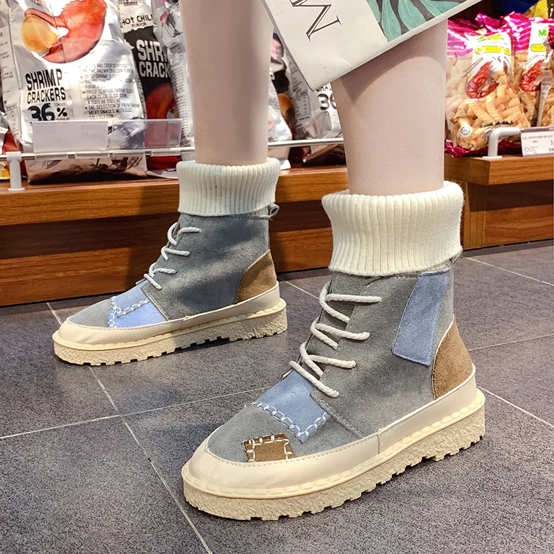 

Women's bottomed flat boots soft bottom Mixed Colors comfortable woollen line Martin boots handmade Institute women's boots 43