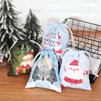 安い 1個素敵なクリスマスギフトキャンディーキャンバスサンタ袋巾着バッグクリスマスの装飾ハッピー新年キャンディーバッグ