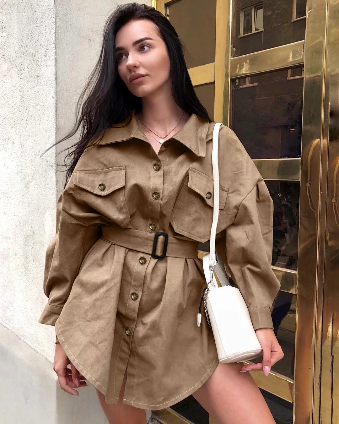 

2020 spring new fashion khaki waist long sleeve Polo collar cardigan casual windbreaker jacket women