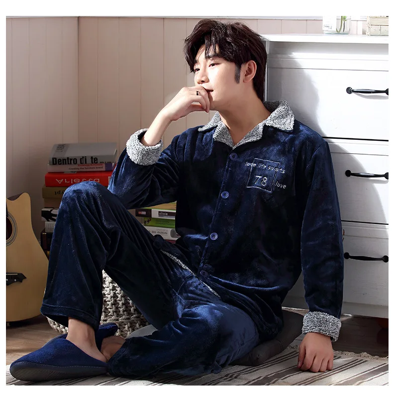 Men Royal blue Унисекс, для взрослых, пара фланелевых пижам с узором, зимний женский милый плюшевый тканевый утепленный Пижамный костюм, домашняя одежда - Цвет: Men Royal blue