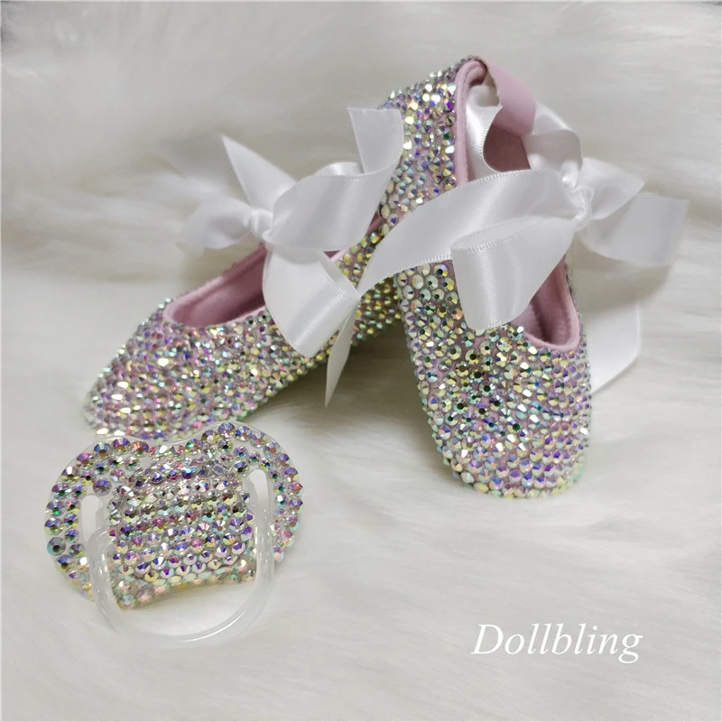 Dollbling AB Crystal Sparkle Bling White Ribbon Bow Handmade Newborn Princess Baby Girl Shoes
