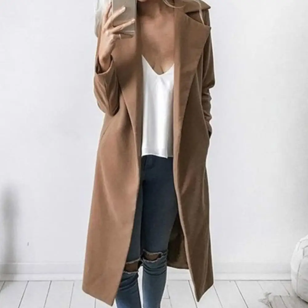 Meilleur manteau femme Hiver 2019 décontracté revers col ouvert point laine femme manteau mode chaud poche solide grande taille longue Outwear