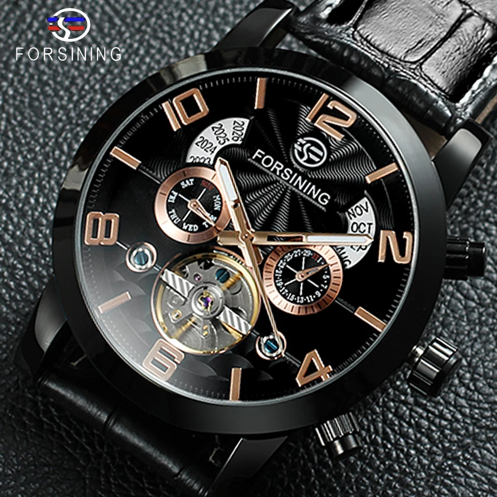 

Forsining Tourbillion Fashion Wave Black Golden Clock Multi Function Display Mens Automatic Mechanical Watches Top Brand Luxury