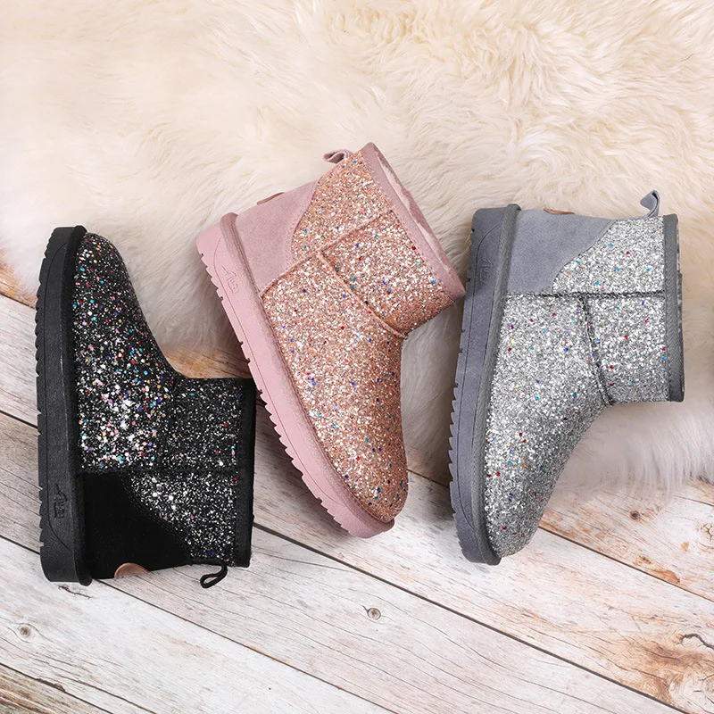 

SP&CITY Shining Bling Winter Boots For Women Thick Short Snow Boots Waterproof Flat Bottom Non-slip Keep Warm Shoes Woman Boots