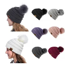 Woman Winter Warm Knitted Hat with Faux Fur Pom Pom Ball Skully Beanie hats Soft Thick Female casual ski caps