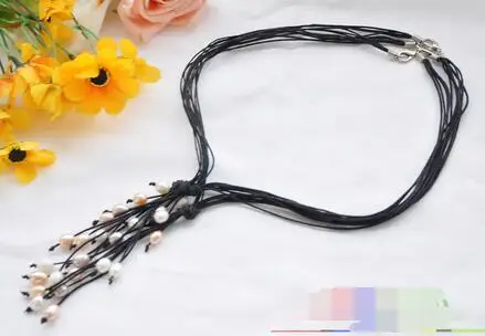 

20" white pink rice freshwater pearl black leather necklace