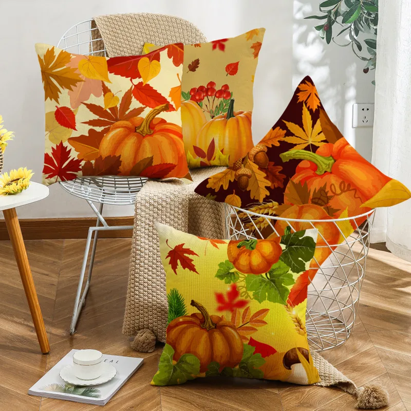 

Thanksgiving Day Pillowcases Autumn Sofa Pumpkin Cushion Cover Home Decor Harvest Festival Plant Print Maple Leaf Pillow Cover