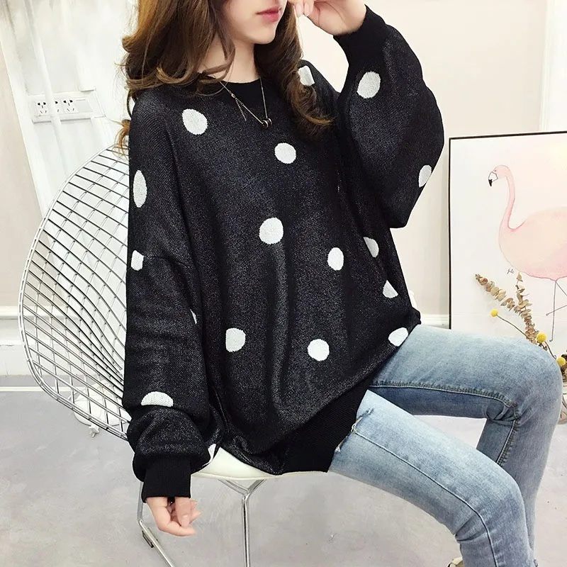 Fitshinling Lantern Sleeve Oversized Sweater Women Korean Style Polka Dot Pullover Knitted Jumper Loose Autumn Winter Sweaters - Цвет: black