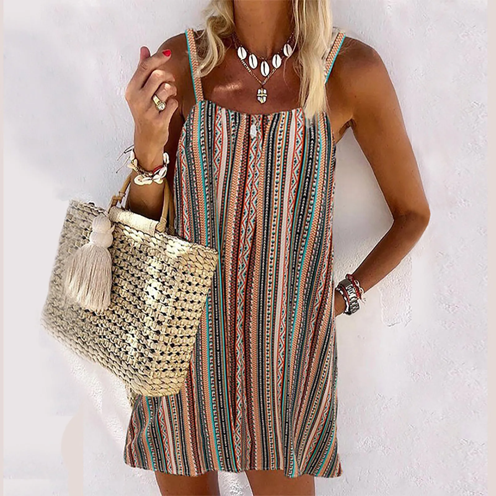 Women Summer Bohemian Striped Print Dresses Square Neck Fashion Sling Backless Mini Dress Casual Sleeveless Loose Dress Vestido 2