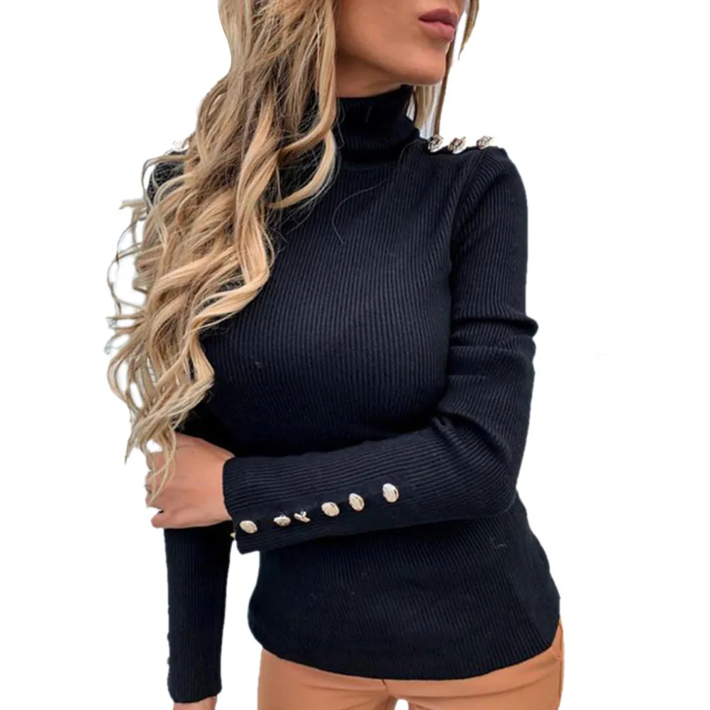 

Sweater Girl Highneck Woollen Sweater Cuff Button Long Sleeve Solid Color Shirt Autumn Winter