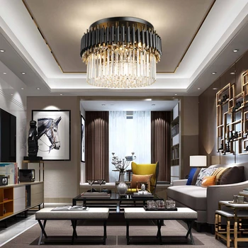 

Modern Crystal Chandelier lighting Annular Black Metal Lamp Body New Led Ceiling Hanging lamp for living room luxury lobby hotel