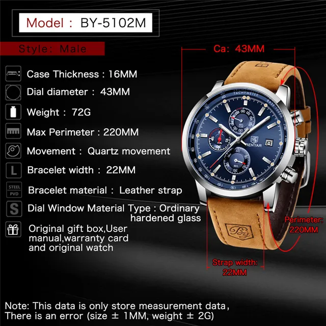 Watch Men BENYAR Quartz Fashion Chronograph Clock Luxury Brand Leather Men Watches waterproof Sport Wristwatch Relogio Masculino 6
