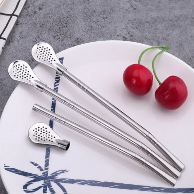 

2019 Stainless Steel Drinking Straw Spoon Tea Filter Tea Straws Long Enough with Cleaning Brush Reusable Tea Tools Filter Head