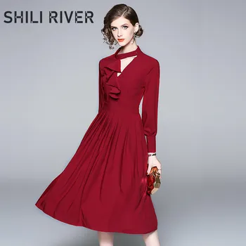 

New spring autumn midi dress for women a line long sleeve slim cute elegant vintage red black V neck pleated ruffle full dress