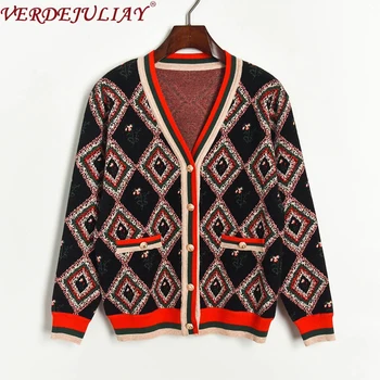 

VERDEJULIAY European Style Runway Designer High Quality Knitting Women 2020 Spring New Italian Fashion Argyle Cardigans Sweater