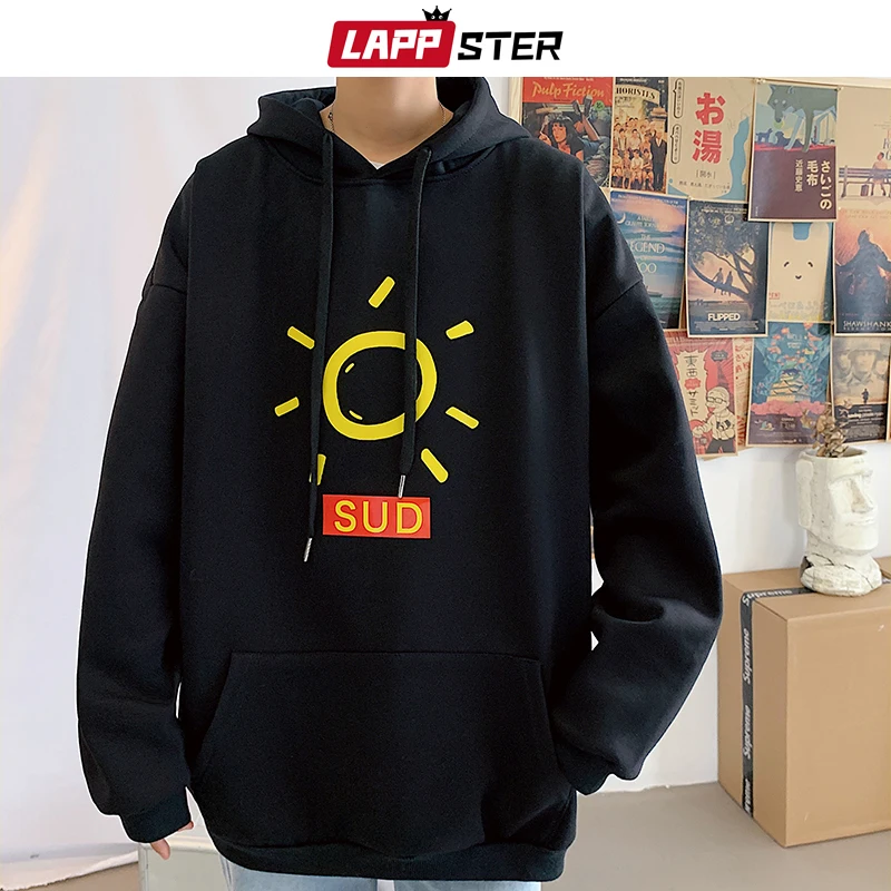 LAPPSTER Men Sun Funny Print Black Hoodie 2020 Pullover Man Casual Oversized Harajuku Sweatshirts Male Hip Hop Clothes Plus Size LAPPSTER Men Sun Funny Print Black Hoodie 2020 Pullover Man Casual Oversized Harajuku Sweatshirts Male Hip Hop Clothes Plus Size