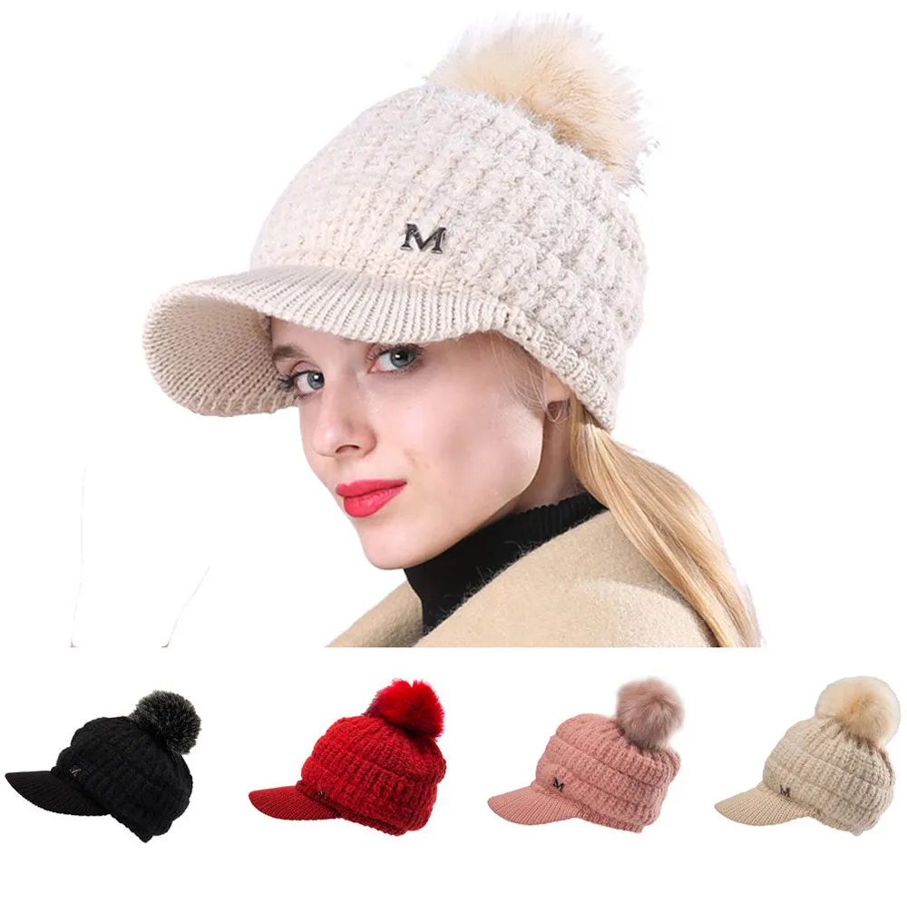 Женская шапка, осенняя и зимняя новая модная удобная женская Зимняя кепка, одноцветная шапка с ушками, громоздкая шапка с помпоном, теплая шапка