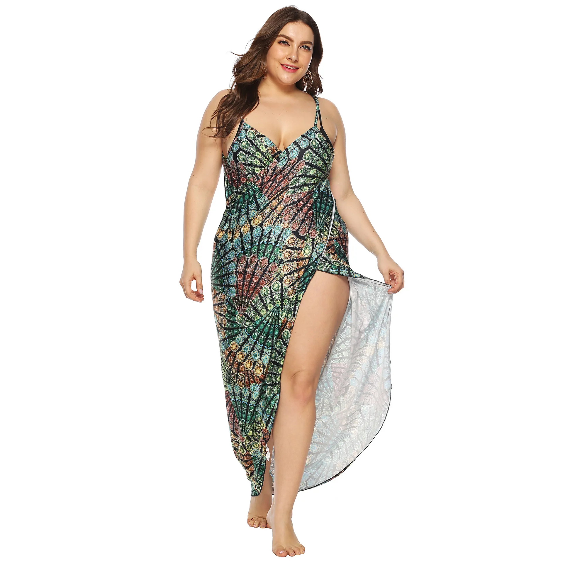 

Europe And America Large Size Women's-Vintage Printed Irregular Beach Strapped Dress Multi-functional Mopping Long Skirts A6079