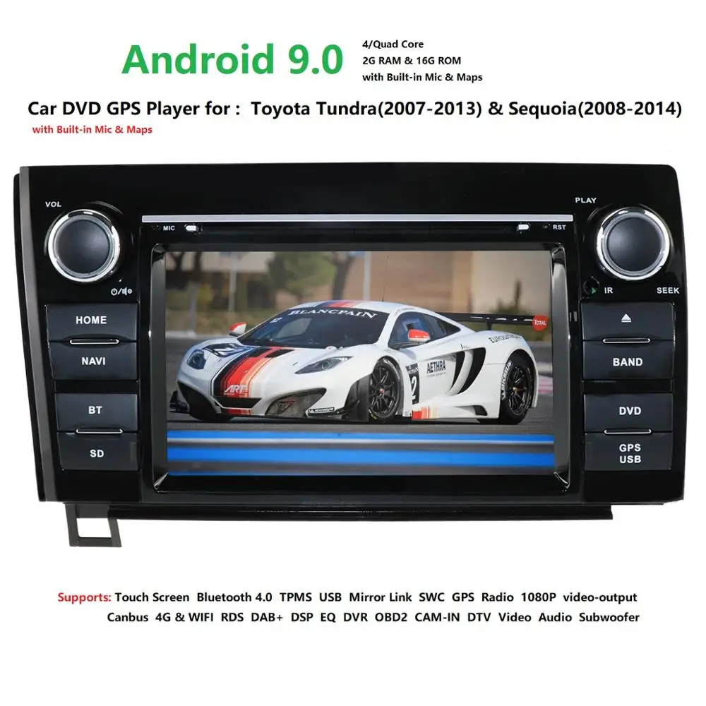 Clearance 7inch 2 Din Quad Core Android 9.0 voiture DVD GPS forToyota toundra Sequoia 2008-2013 Radio stéréo 4G WiFi OBD DVR DAB + 3