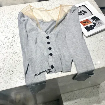 

Women Perspective Mesh Splicing V-neck Knitted Cardigan Sweater Top A2