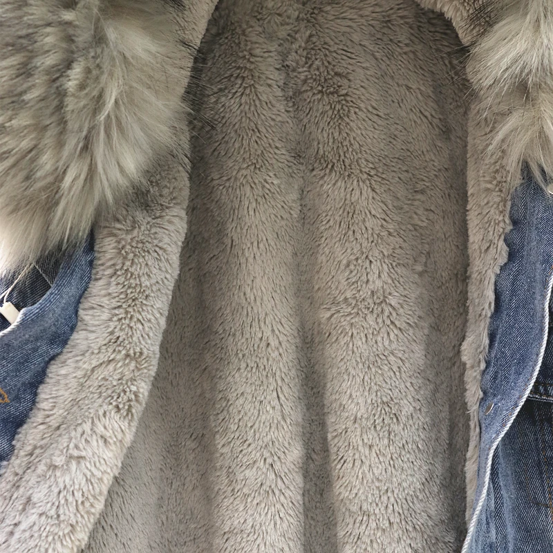 Зимняя Свободная Женская парка с капюшоном и большим мехом, Толстая теплая длинная джинсовая куртка из овечьего меха, зимняя куртка, женские пальто с меховые джинсы, куртка