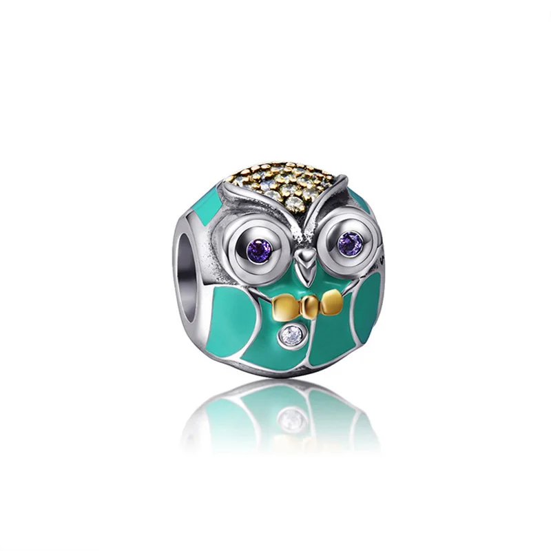 

Free shipping Fit Authentic pandora Charms Silver 925 original green owl beads Pendant Bead sterling-silver-jewelry making Gift