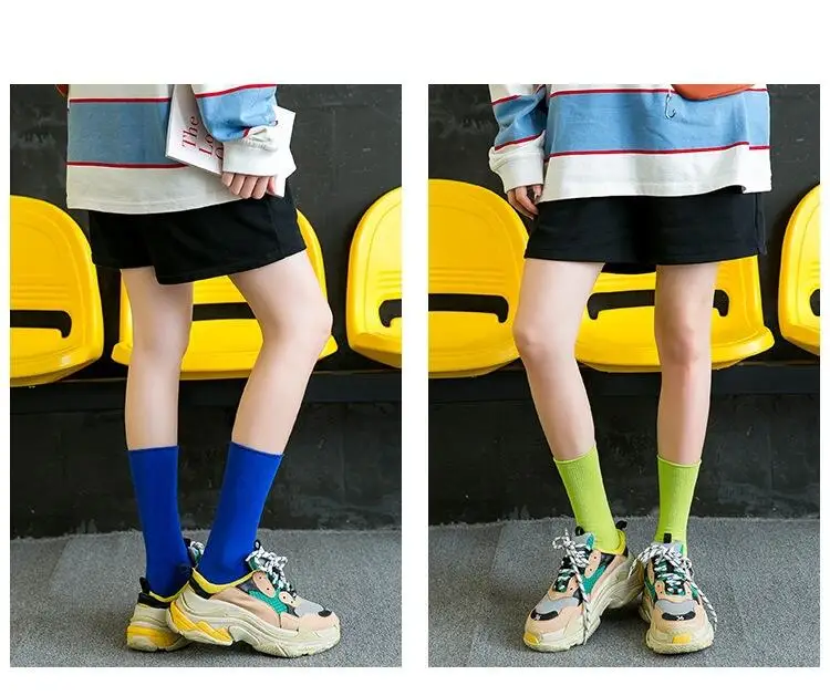 Women Socks 2021 New Fashion Solid Color Crew  Socks For Women Cotton Breathable Neon Color Long Terry Socks  Korean Socks Girl black knee high socks