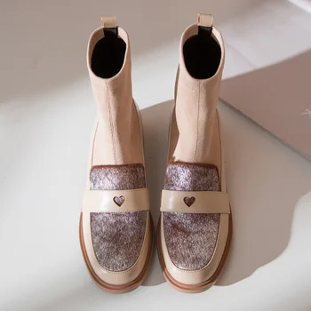 

New Classic Design Platform Women's Autumn Winter Ankle Boots Genuine Leather +Stretch Fabric Thick Heels Casual Shoes Woman 39