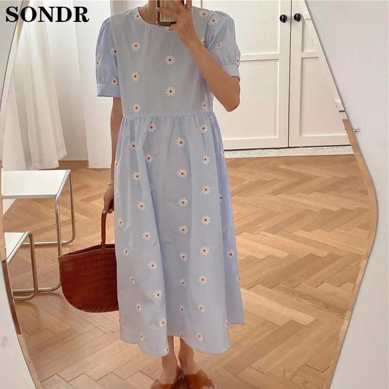 

Korean Style Puff Sleeve Floral Embroidery Dress Female Vintage 2020 New Summer Japanese Elegant Party Long Dress Women Vestidos