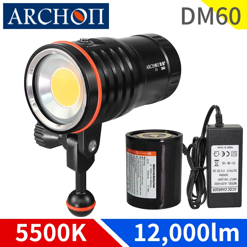 

DM60 5500k Max 12,000 lumens HD video diving photoraphy lights Underwater 100m dive lighting flashlight High bright diving torch