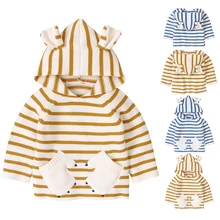Новинка года; свитера в полоску для маленьких девочек; осенние вязаные куртки с капюшоном для новорожденных мальчиков; пуловер с милыми ушками; детская одежда с длинными рукавами