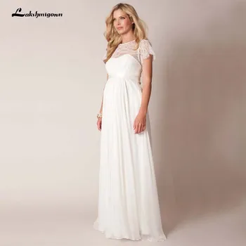 

Summer Cheap Maternity Beach Wedding Dresses for Pregnant Women 2020 Empire Lace Floor Length Short Sleeves Chiffon dress
