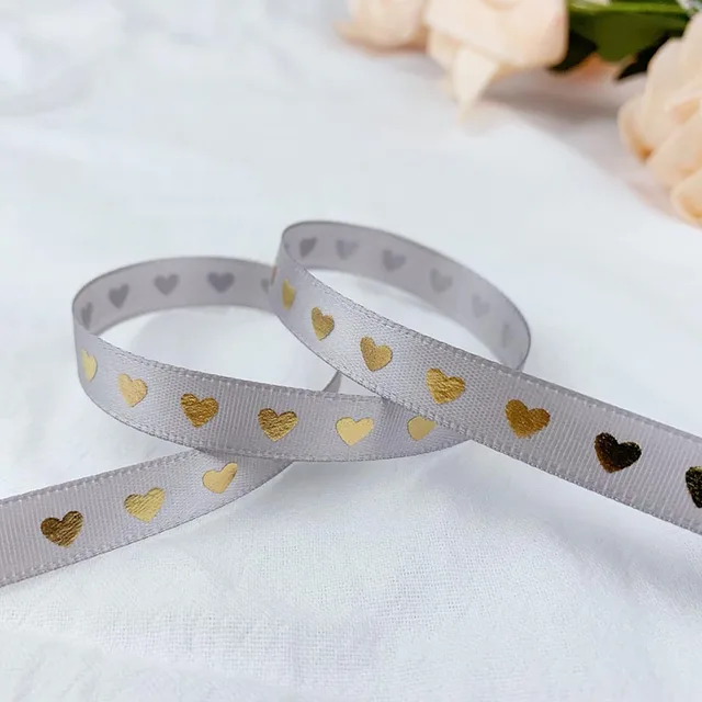 5 Yards 10mm Satin Ribbons Heart Pattern Printed Ribbon For Crafts DIY Bow Handmade Gift Wrap Party Wedding Christmas Decor Grey