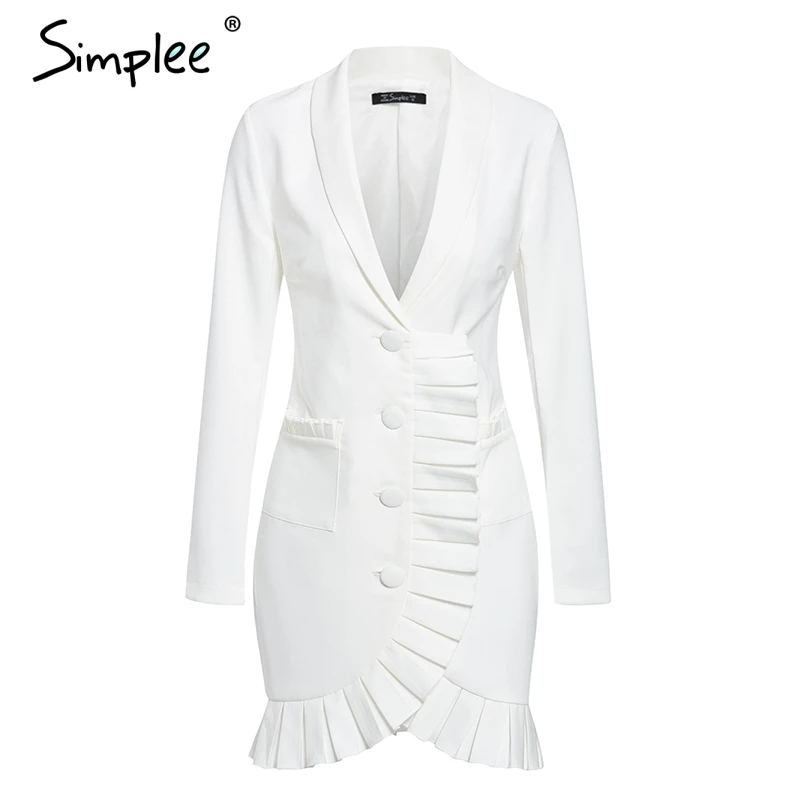 Simplee Sexy v-neck women blazer dress Elegant signal breasted frill white office dress Party style ladies pockets mini dresses