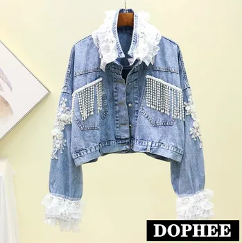 

New Spring/autumn Heavy Pearl Bead Tassel Lace Embroidered Short Denim Jackets Women Blue Jeans Coat Student Loose Outwear