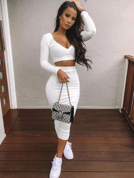 

New Arrival Stylish Long Sleeve Spring Sexy Crop Top Bodycon Two Piece Set Women Clothing Sets Outfit Women Two Piece Outfits