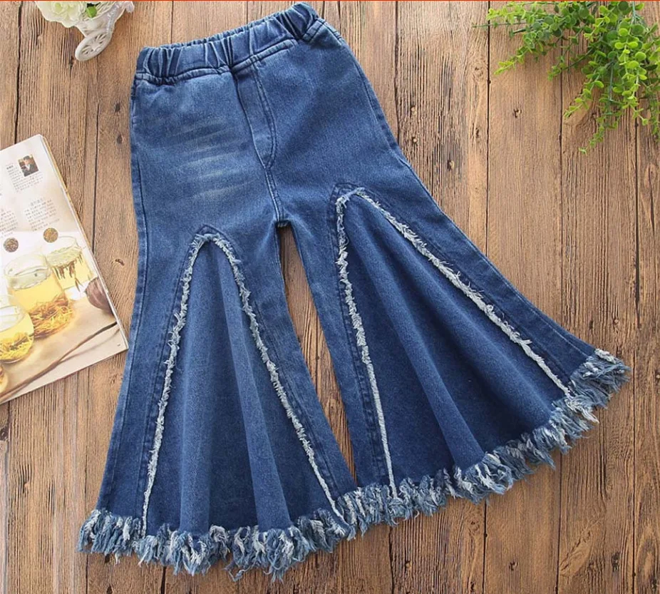 Spring Summer girls flare jeans baby denim trousers kids pants children bottoms tassel ripped wide leg 1 to 6 yrs