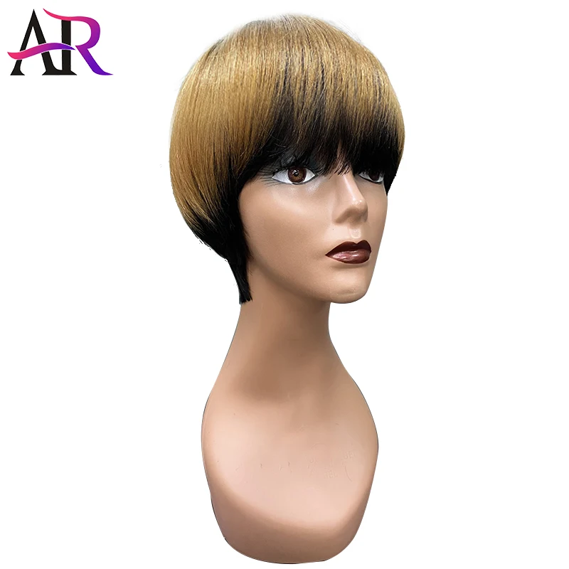 Perucas de Cabelo Brasileiro para Preto Humano Curto Pixie Corte Reto Remy Cabelo Feminino Máquina Feita Destaque Cor Peruca Barata 195 High Quality Apliques e perucas