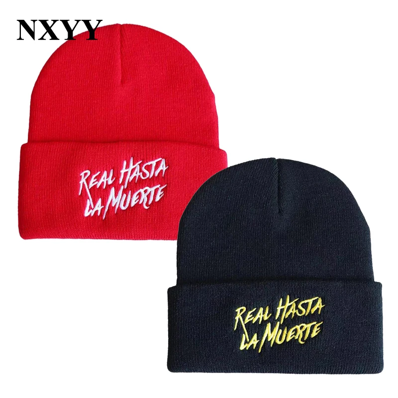 

NXYY Real Hasta La Muerte Letter Beanie Hip Hop Men Beanies Knitted Caps for Men Women Skullies Gorros Bonnet Embroidery Hats