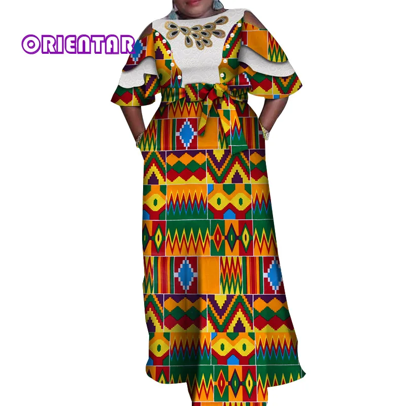 Африканские платья для женщин, Африканское белое кружевное платье с принтом и рукавом-бабочкой, Элегантное Длинное Платье макси с поясом WY4283 - Цвет: 4