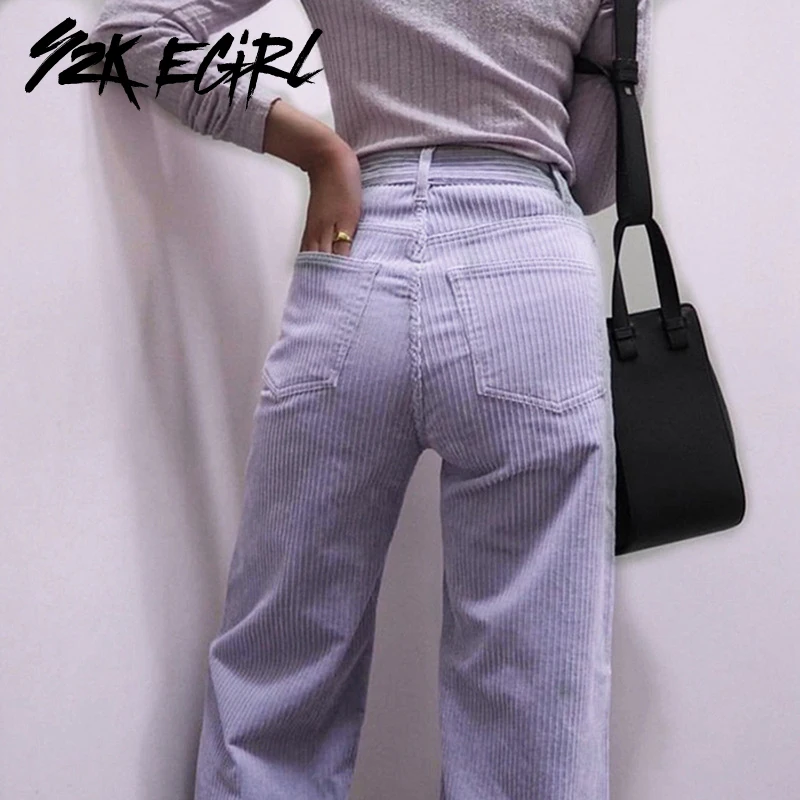

Y2K EGIRL 2000s Aesthetics Solid Corduroy Pants Indie Straight High Waist Pants Streetwear Vintage Violet Trousers Casual Outfit