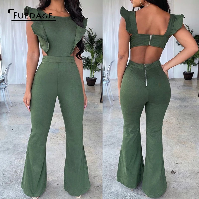 

Fuedage Sexy Summer Autumn Womens Jumpsuit Romper Ruffles Bodycon Sleeveless Hollow Out Backless Jumpsuit Solid Female Party Set