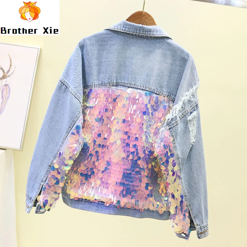 

Green Sequins Coat Women Spring Autumn 2020 New Sequins Holes Cowboy Short Jacket Loose Long-sleeved Studded Jackets Student