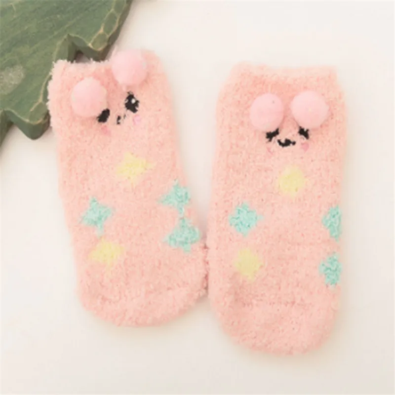 Детские носки с животными, милые носки с объемной вышивкой для новорожденных девочек зимние теплые шерстяные носки для мальчиков нескользящие носки с резиновой подошвой для малышей - Цвет: Pink Ball