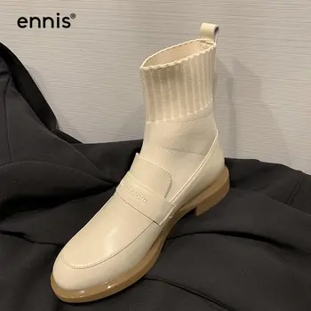 

ENNIS Fashion Square Low Heel Boots Women Genuine Leather Ankle Boots Knitted Boat Shoes Black Beige Autumn Boots Female A0279