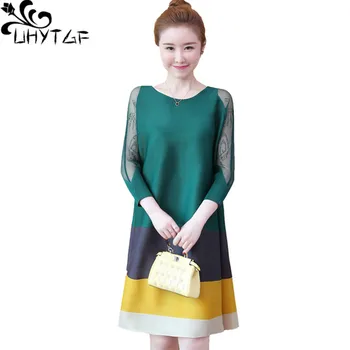 

UHYTGF 5XL Plus Size Dress Women fashion mesh beaded elegant dresses long-sleeved O neck pullover casual spring autumn Dress 781