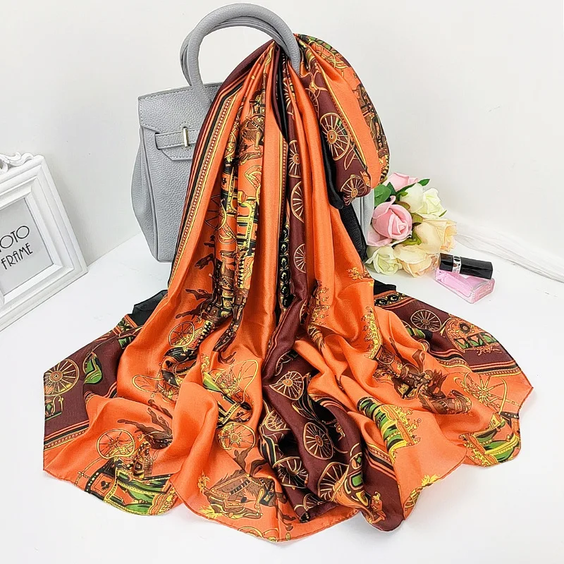 

Fashion Colour Kerchief Female High-Grade Silk Scarf New Style 180X90CM Beach Towel Summer Print Bandana Popular Sunscreen Shawl