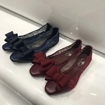 

2020 LKDY women top quality Leather stitching lace mesh flat ballet dance shoes pregnant women egg roll shoes