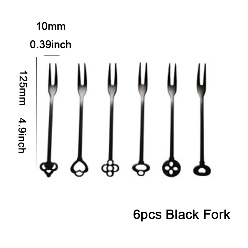 Black Fruit Fork 6 шт., нержавеющая сталь, вилки для салата и фруктов, креативные вилки для торта, коктейля, десерта, вилки для кухни, аксессуары, столовая посуда, золотые, вечерние, для кухни - Цвет: Black Fruit Fork